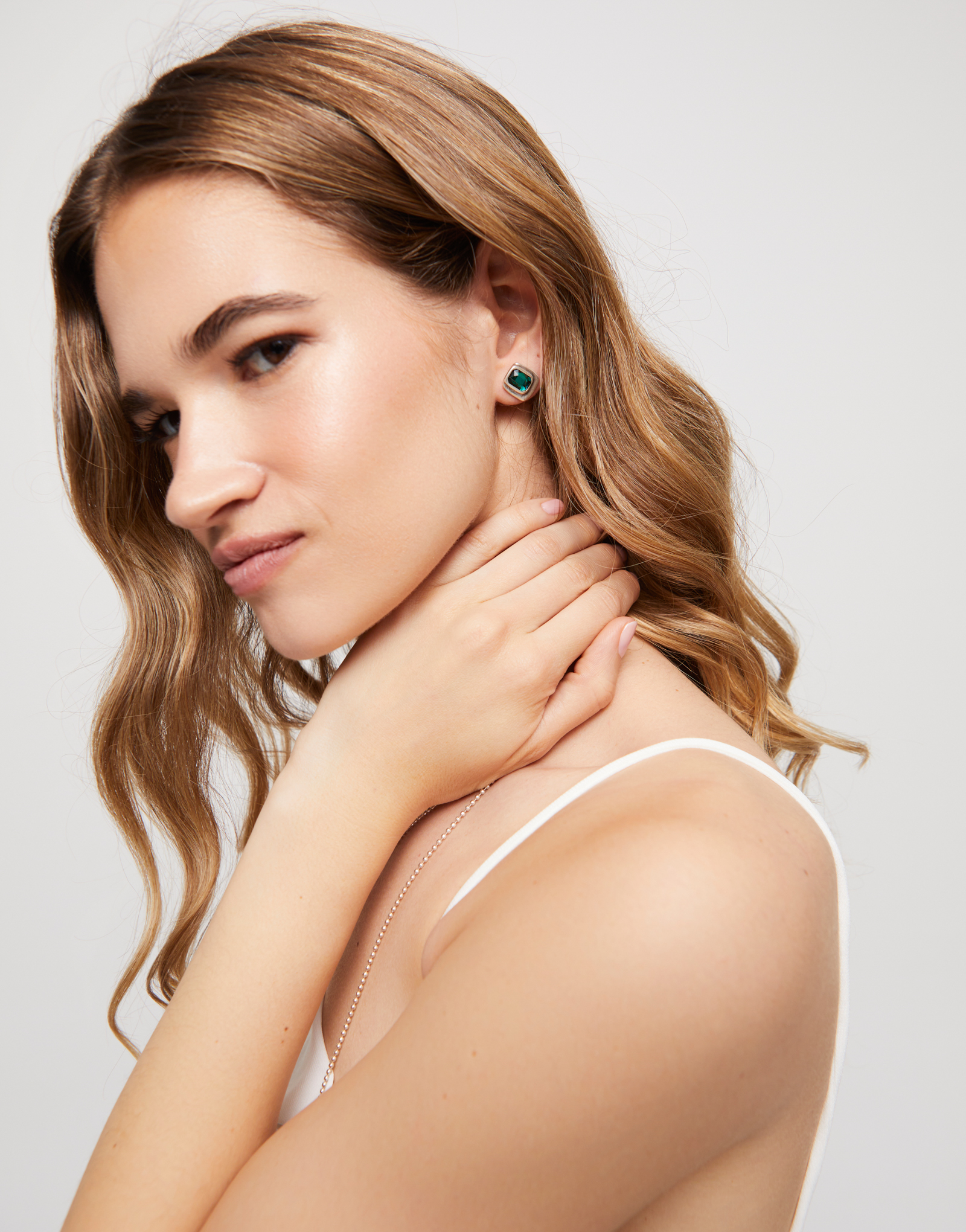 Stud earrings with green crystal, Silver, large thumbnail